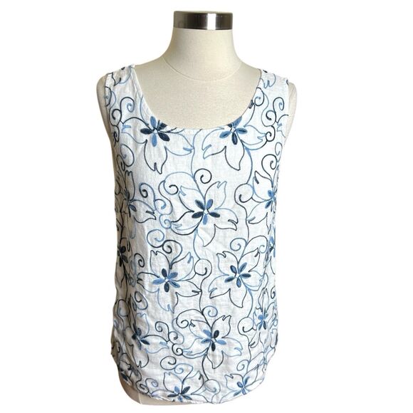 Luca Vanucci Top Womens Small Linen White Blue Floral Stitching Sleeveless - Picture 1 of 8